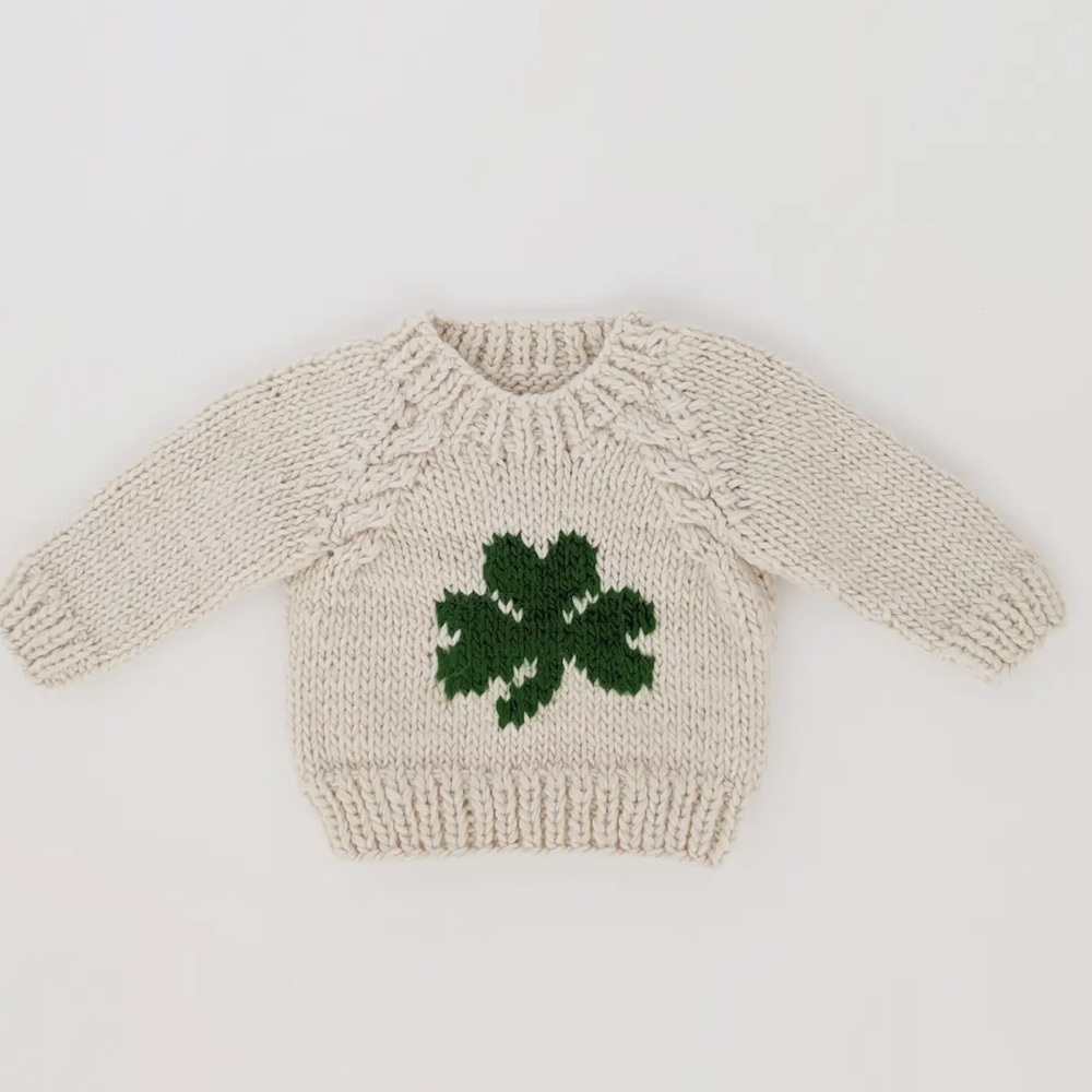 Cream Knit Kids Sweater with Green Clover Motif
